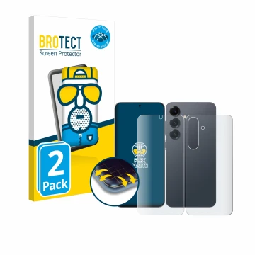 Face avant d’un emballage produit avec le logo de la marque BROTECT. À côté, l’appareil Samsung Galaxy S25 Plus (Avant+Arrière