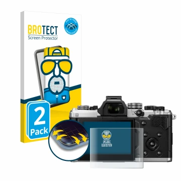 Face avant d’un emballage produit avec le logo de la marque BROTECT. À côté, l’appareil OM System OM-3 est représenté avec la 