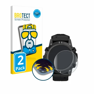Face avant d’un emballage produit avec le logo de la marque BROTECT. À côté, l’appareil Garmin Descent G2 est représenté avec 