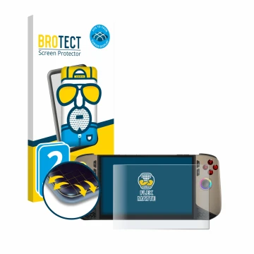 Face avant d’un emballage produit avec le logo de la marque BROTECT. À côté, l’appareil MSI Claw 8 AI+ est représenté avec la 