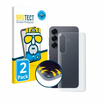Face avant d’un emballage produit avec le logo de la marque BROTECT. À côté, l’appareil Samsung Galaxy S25 Enterprise Edition 
