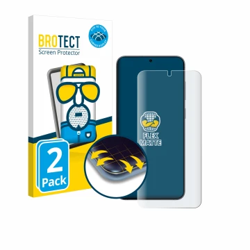 Face avant d’un emballage produit avec le logo de la marque BROTECT. À côté, l’appareil Samsung Galaxy S25 Plus Enterprise Edi