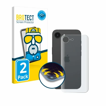 Face avant d’un emballage produit avec le logo de la marque BROTECT. À côté, l’appareil Apple iPhone 16e (Arrière) est représe