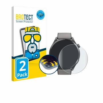 Face avant d’un emballage produit avec le logo de la marque BROTECT. À côté, l’appareil Hama Smartwatch 9000 est représenté av