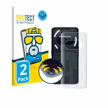 Face avant d’un emballage produit avec le logo de la marque BROTECT. À côté, l’appareil Nothing Phone (3a) (Arrière) est repré