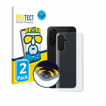 Face avant d’un emballage produit avec le logo de la marque BROTECT. À côté, l’appareil Samsung Galaxy A26 5G (Arrière) est re