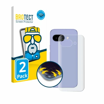 Face avant d’un emballage produit avec le logo de la marque BROTECT. À côté, l’appareil Google Pixel 9a (Arrière) est représen