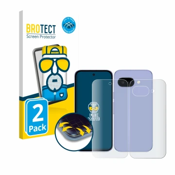 Face avant d’un emballage produit avec le logo de la marque BROTECT. À côté, l’appareil Google Pixel 9a (Avant+Arrière) est re