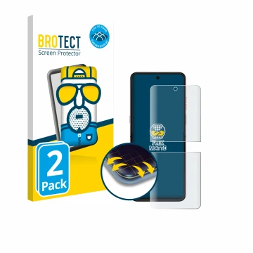 Face avant d’un emballage produit avec le logo de la marque BROTECT. À côté, l’appareil Motorola Razr 60 Ultra est représenté 