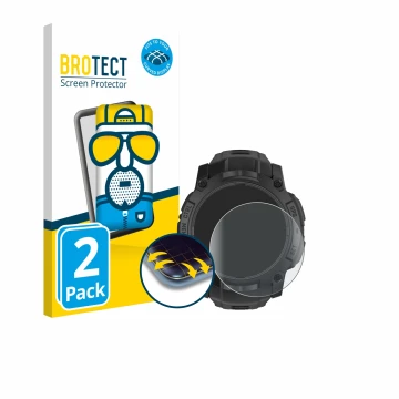 Face avant d’un emballage produit avec le logo de la marque BROTECT. À côté, l’appareil Garmin Instinct 3 Solar Tactical Editi