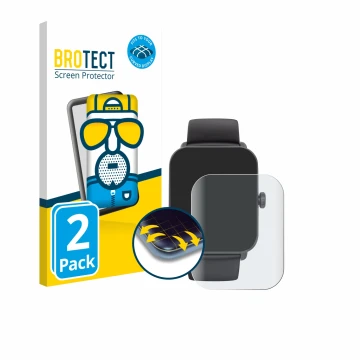 Face avant d’un emballage produit avec le logo de la marque BROTECT. À côté, l’appareil Hama Smartwatch 6010 est représenté av