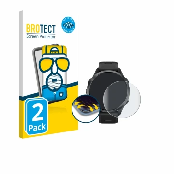 Face avant d’un emballage produit avec le logo de la marque BROTECT. À côté, l’appareil Garmin Forerunner 970 est représenté a