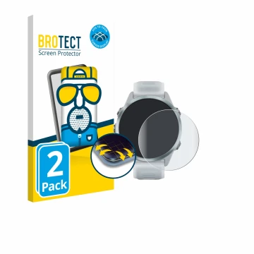 Face avant d’un emballage produit avec le logo de la marque BROTECT. À côté, l’appareil Garmin Forerunner 570 (42 mm) est repr