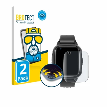 Face avant d’un emballage produit avec le logo de la marque BROTECT. À côté, l’appareil Krostming Kids Smartwatch GPS 4G est r