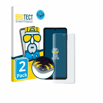 Face avant d’un emballage produit avec le logo de la marque BROTECT. À côté, l’appareil Sharp Aquos Sense 8 est représenté ave