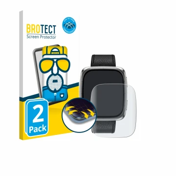 Face avant d’un emballage produit avec le logo de la marque BROTECT. À côté, l’appareil Amazfit Active 2 (rectangulaire) est r