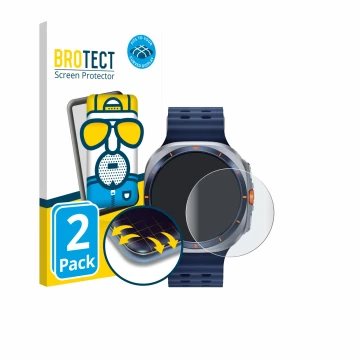 Face avant d’un emballage produit avec le logo de la marque BROTECT. À côté, l’appareil Samsung Galaxy Watch Ultra 2 (47 mm) e