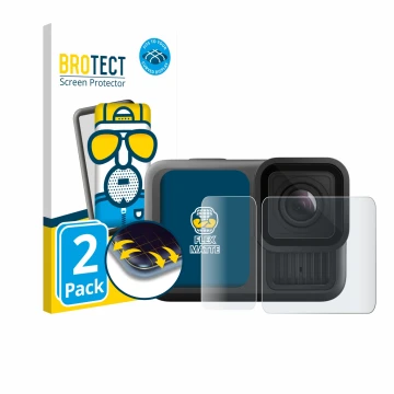 Face avant d’un emballage produit avec le logo de la marque BROTECT. À côté, l’appareil GoPro Hero 13 Black Ultra Wide Edition