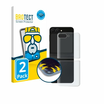 Face avant d’un emballage produit avec le logo de la marque BROTECT. À côté, l’appareil Samsung Galaxy Z Flip 7 FE (Arrière) e