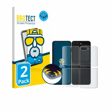 Face avant d’un emballage produit avec le logo de la marque BROTECT. À côté, l’appareil Samsung Galaxy Z Flip 7 FE (Avant+Arri