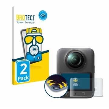 Face avant d’un emballage produit avec le logo de la marque BROTECT. À côté, l’appareil DJI Osmo 360 est représenté avec la pr