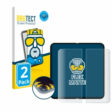 Face avant d’un emballage produit avec le logo de la marque BROTECT. À côté, l’appareil Google Pixel 10 Pro Fold (Affichage in