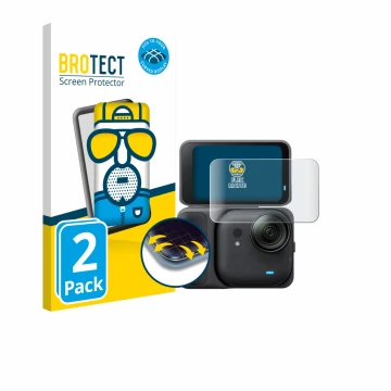 Face avant d’un emballage produit avec le logo de la marque BROTECT. À côté, l’appareil Insta360 Go Ultra est représenté avec 