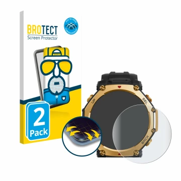 Face avant d’un emballage produit avec le logo de la marque BROTECT. À côté, l’appareil Huami Amazfit T-Rex 3 Pro (48 mm) est 