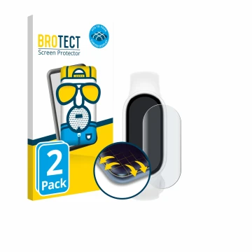 Face avant d’un emballage produit avec le logo de la marque BROTECT. À côté, l’appareil Xiaomi Smart Band 10 Ceramic Edition e