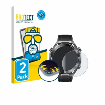 Face avant d’un emballage produit avec le logo de la marque BROTECT. À côté, l’appareil Huawei Watch Ultimate 2 Black est repr