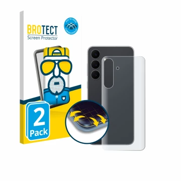 Face avant d’un emballage produit avec le logo de la marque BROTECT. À côté, l’appareil Samsung Galaxy S25 FE Enterprise Editi