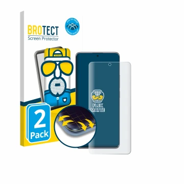 Face avant d’un emballage produit avec le logo de la marque BROTECT. À côté, l’appareil Xiaomi Redmi Note 14 Pro Plus 5G est r