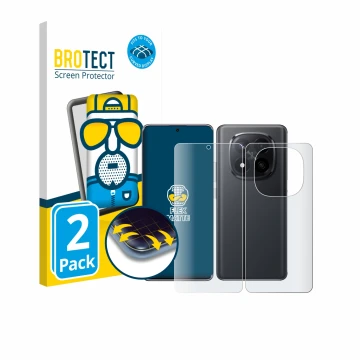 Face avant d’un emballage produit avec le logo de la marque BROTECT. À côté, l’appareil Xiaomi Redmi Note 14 Pro Plus 5G (Avan