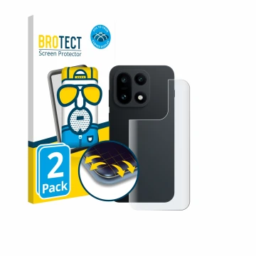 Face avant d’un emballage produit avec le logo de la marque BROTECT. À côté, l’appareil OnePlus 15 (Arrière) est représenté av