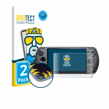 Face avant d’un emballage produit avec le logo de la marque BROTECT. À côté, l’appareil GPD Win 5 est représenté avec la prote