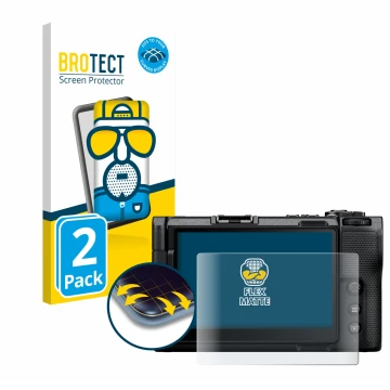 Face avant d’un emballage produit avec le logo de la marque BROTECT. À côté, l’appareil Nikon ZR 2025 est représenté avec la p