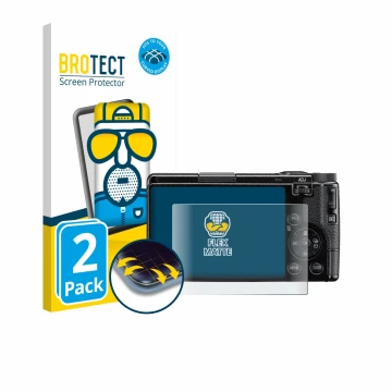 Face avant d’un emballage produit avec le logo de la marque BROTECT. À côté, l’appareil Ricoh GR IV HDF 2025 est représenté av