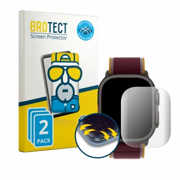 Face avant d’un emballage produit avec le logo de la marque BROTECT. À côté, l’appareil Apple Watch Ultra 4 (49 mm) est représ