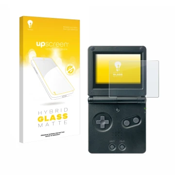 Face avant d’un emballage produit avec le logo de la marque upscreen. À côté, l’appareil Nintendo Gameboy Advance GBA SP est r
