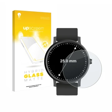 Face avant d’un emballage produit avec le logo de la marque upscreen. À côté, l’appareil Montres (Circulaire, ø: 25 mm) est re