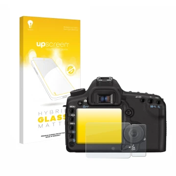 Face avant d’un emballage produit avec le logo de la marque upscreen. À côté, l’appareil Canon EOS 5D Mark II est représenté a