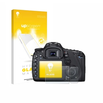 Face avant d’un emballage produit avec le logo de la marque upscreen. À côté, l’appareil Canon EOS 7D est représenté avec la p