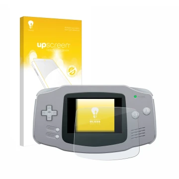 Face avant d’un emballage produit avec le logo de la marque upscreen. À côté, l’appareil Nintendo Gameboy Advance GBA est repr
