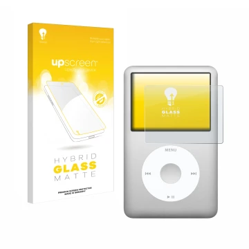 Face avant d’un emballage produit avec le logo de la marque upscreen. À côté, l’appareil Apple iPod classic 160 GB (7ème Gen.)