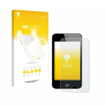 Face avant d’un emballage produit avec le logo de la marque upscreen. À côté, l’appareil Apple iPod Touch (4ème Gen.) est repr