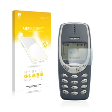 Face avant d’un emballage produit avec le logo de la marque upscreen. À côté, l’appareil Nokia 3310 2011 est représenté avec l