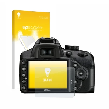 Face avant d’un emballage produit avec le logo de la marque upscreen. À côté, l’appareil Nikon D3200 est représenté avec la pr