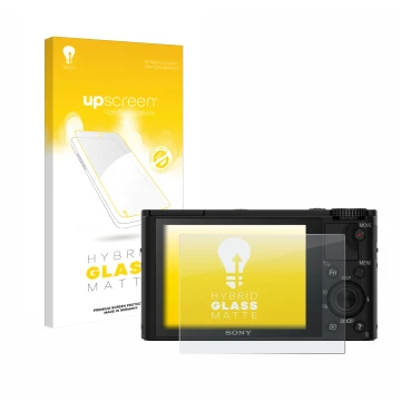 Face avant d’un emballage produit avec le logo de la marque upscreen. À côté, l’appareil Sony Cyber-Shot DSC-RX100 est représe