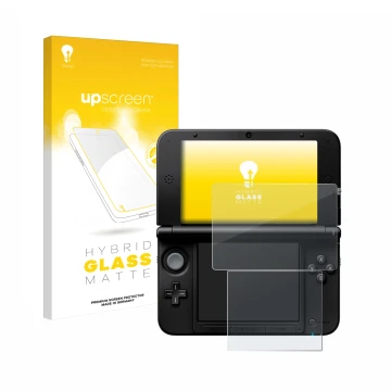 Face avant d’un emballage produit avec le logo de la marque upscreen. À côté, l’appareil Nintendo 3DS XL SPM7800 est représent