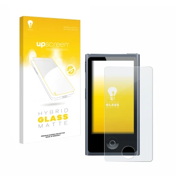 Face avant d’un emballage produit avec le logo de la marque upscreen. À côté, l’appareil Apple iPod nano 2012 (7ème Gen.) est 